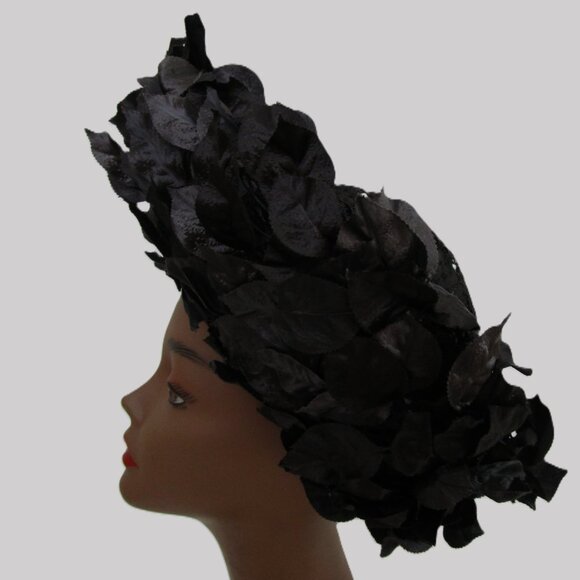 Tall Breton Hat Vintage Black Parasisal Straw Silk Leaves Church - Picture 6 of 10